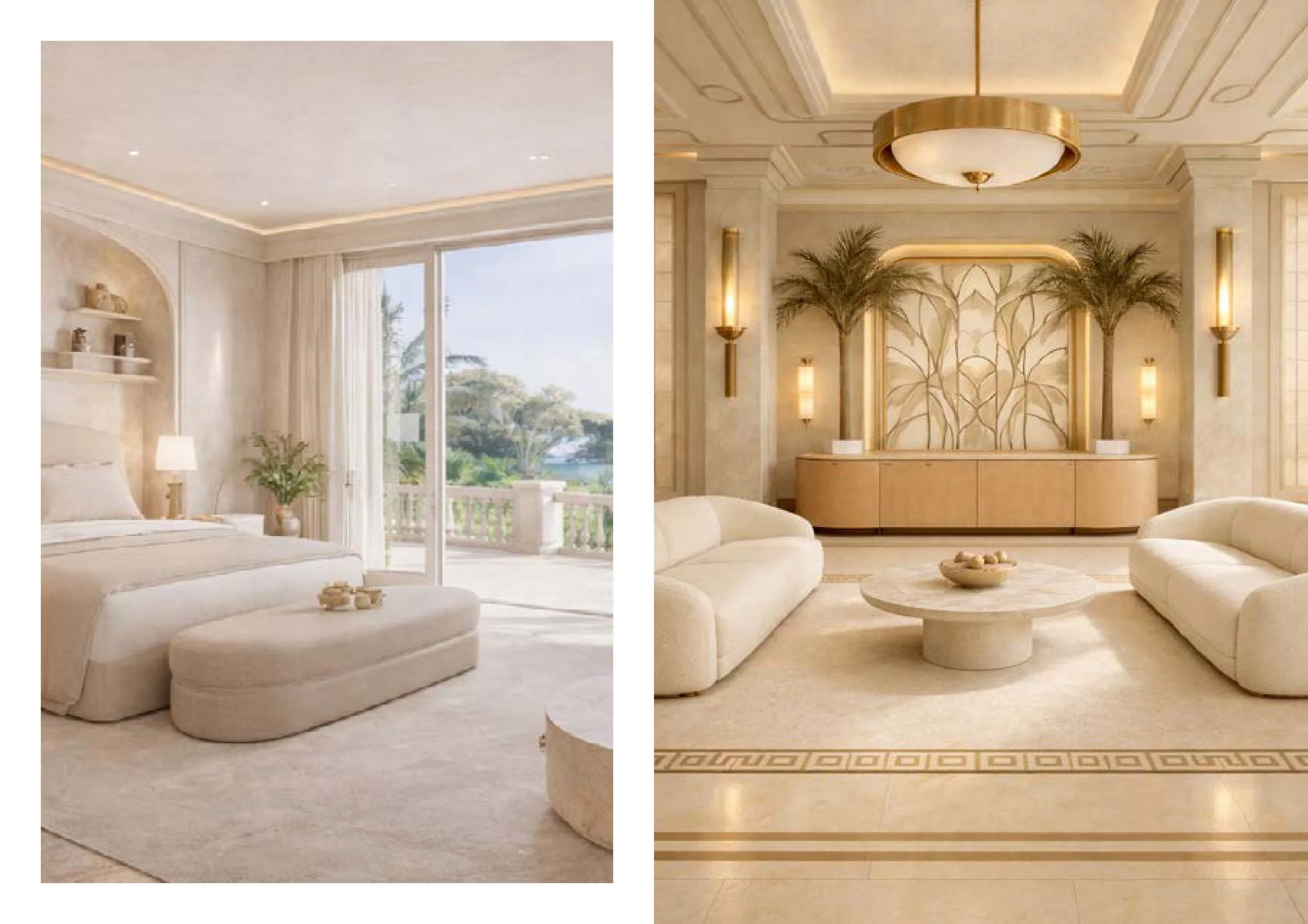 Deux images intérieures de salons élégants avec des meubles en beige, des plafonds décoratifs, des luminaires en or et des décorations naturelles comme des plantes et des sculptures en forme de palmier.