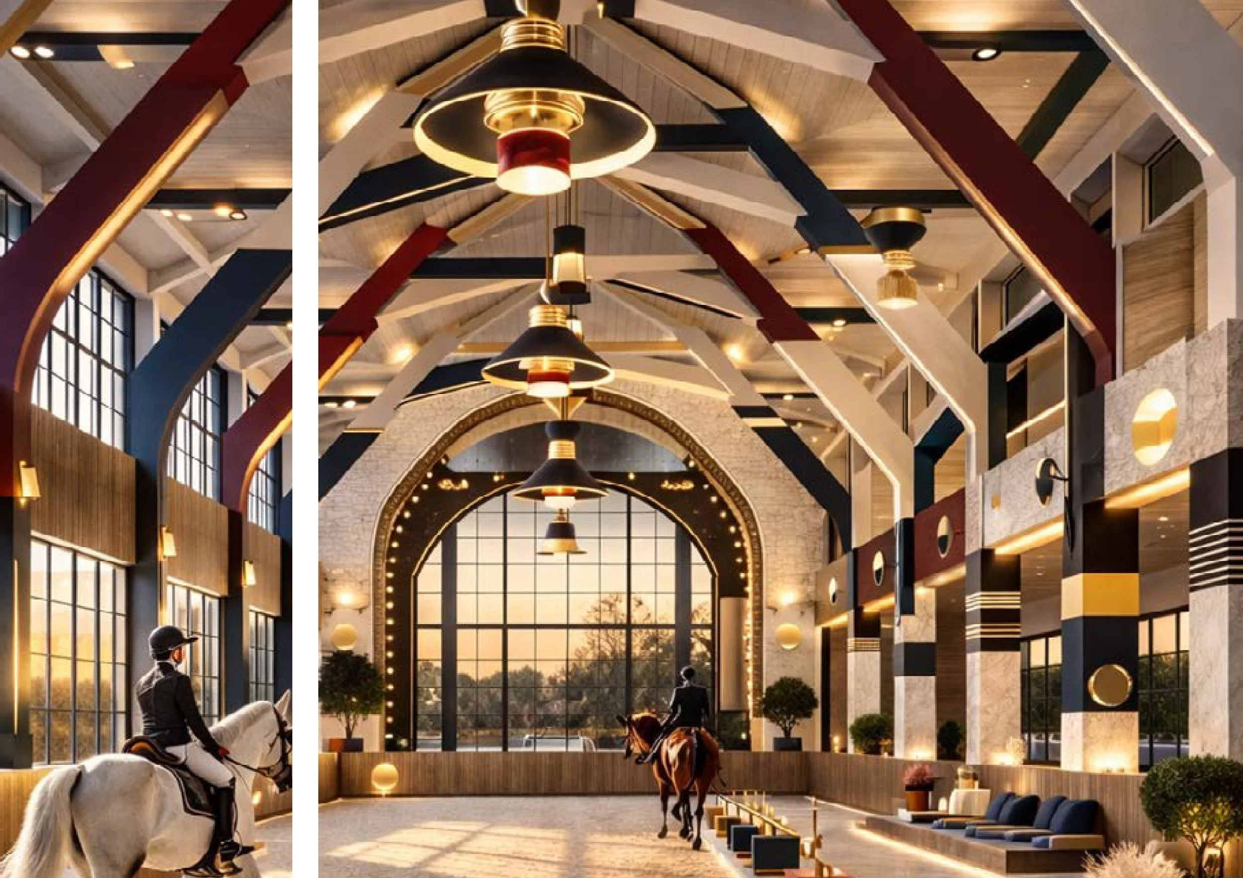 Une grande salle lumineuse avec une architecture moderne, comprenant de grands pavés en verre, des luminaires design suspendus, et des chevaux avec des cavaliers, dans un style élégant et accueillant.