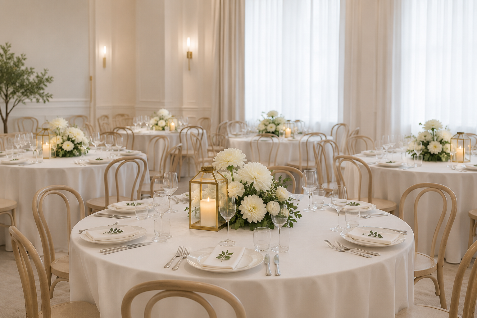 Table centrepieces with custom flower arrangements and gold lanterns in Palmerston North