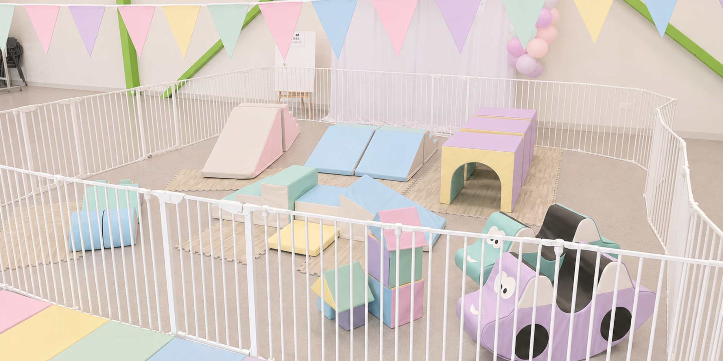 Neutral pastel soft play set by Event HQ for baby and toddler parties in Palmerston North