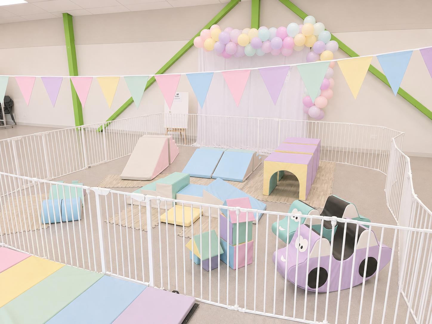 Neutral pastel soft play set by Event HQ for toddler parties in Palmerston North and Manawatu