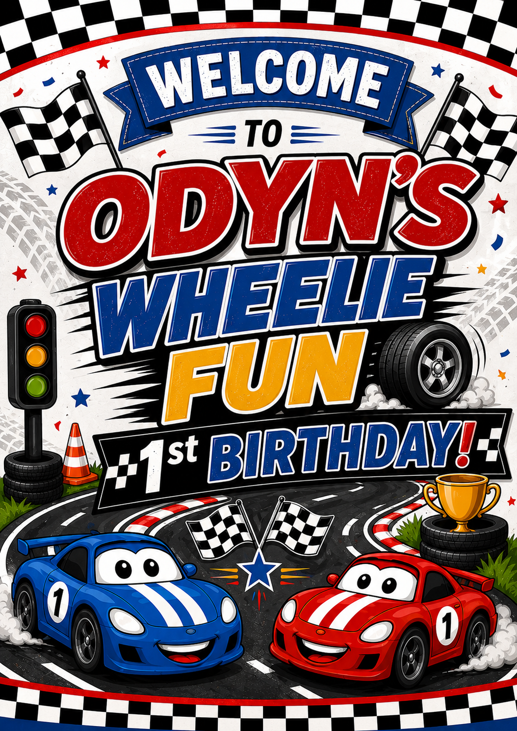 Odyn's Wheelie Fun 1st Birthday Poster