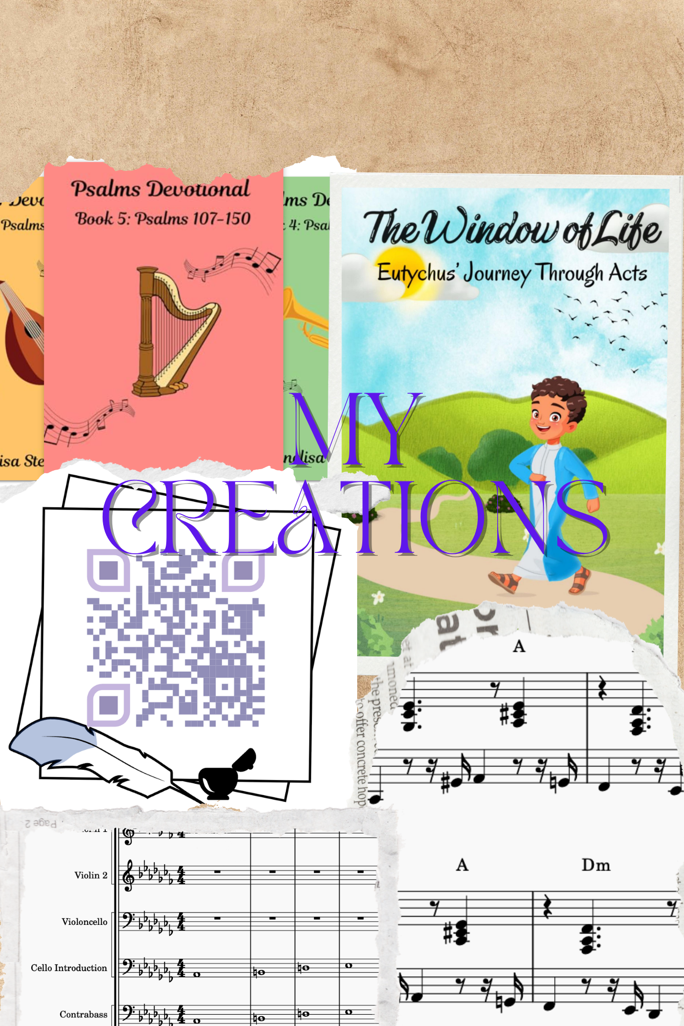 A colorful collage of music-related items including sheet music, a QR code, a children's book titled "The Window of Life," and torn paper with the words "My Creations" in purple text on a brown background.