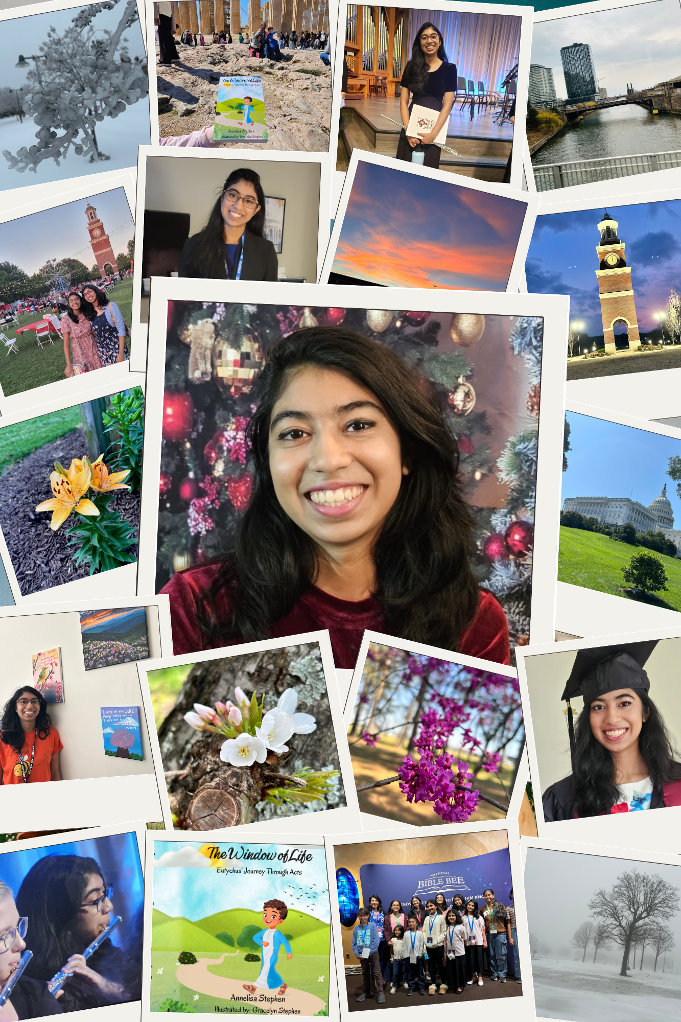 A collage of various photos including a snow-covered tree branch, a person holding a book at Stonehenge, a woman smiling in front of a Christmas tree, a girl in a graduation cap and gown, a sunset sky, a historic clock tower, a group of children at a conference, and flowering plants in different seasons.