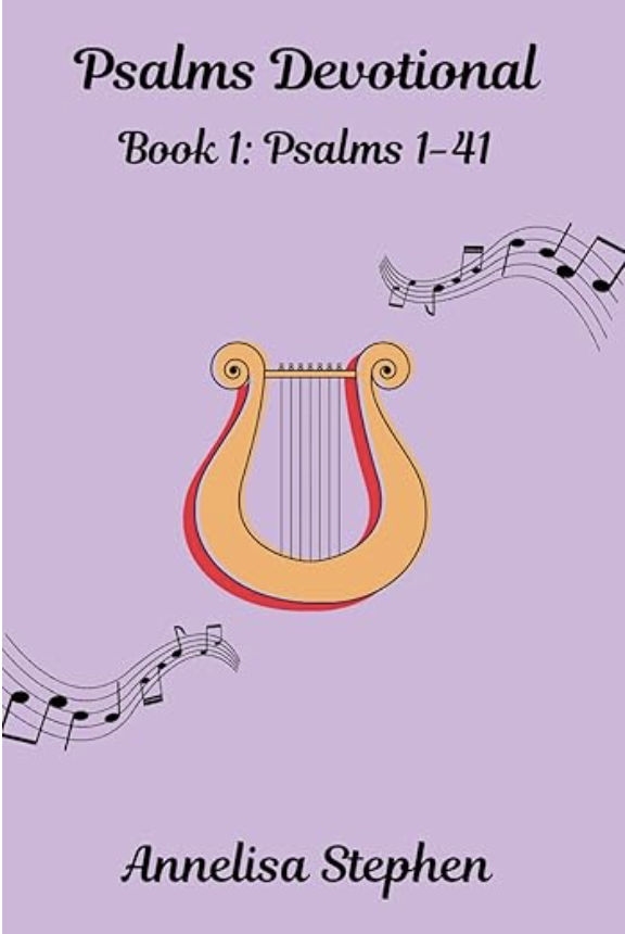 Book cover titled 'Psalms Devotional' with subtitle 'Book 1: Psalms 1-41', author 'Annelisa Stephen', featuring a pink lyre illustration and musical notes on a light purple background.