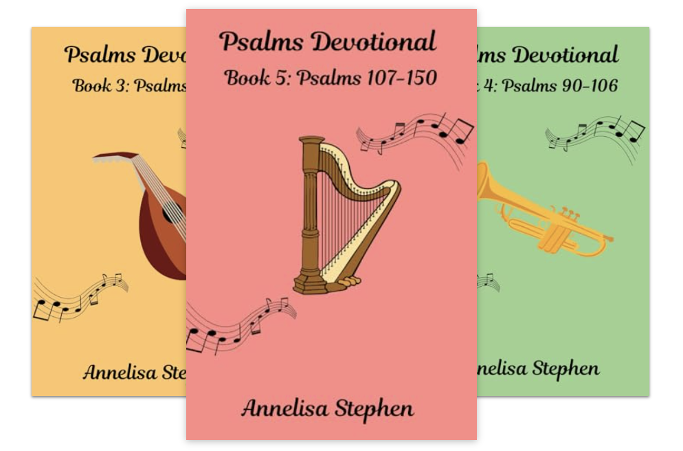 Three Bible devotion books from the Psalms Devotional series, each with a different color cover and musical instrument: yellow with a guitar, pink with a harp, and green with a trumpet.