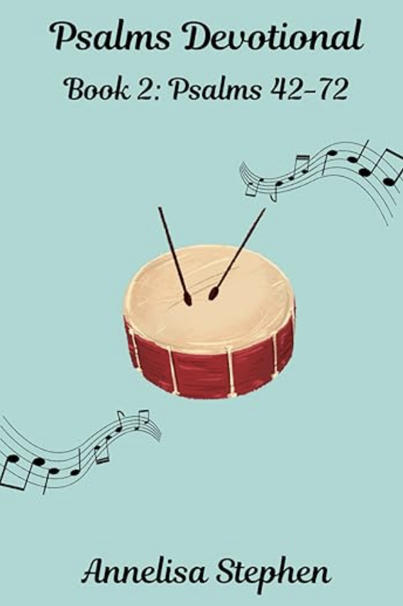 Book cover titled "Psalms Devotional, Book 2: Psalms 42-72" by Annelisa Stephen, featuring an illustration of a drum with drumsticks and musical notes.