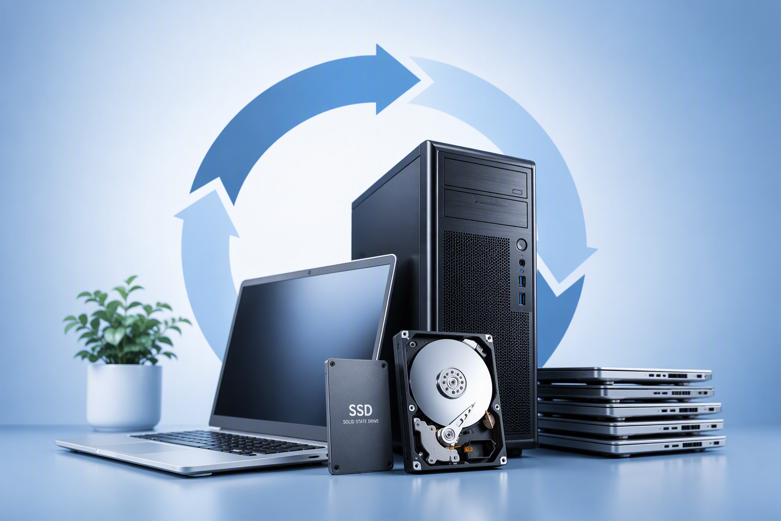 A laptop, several stacked laptops, a desktop computer tower, a solid-state drive labeled "SSD," and a hard drive, all on a blue surface with a small potted plant and a circular graphic with arrows in the background.
