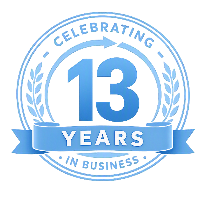 A circular badge celebrating 13 years of an organization or business, with a laurel wreath design and a blue ribbon banner that reads "YEARS."