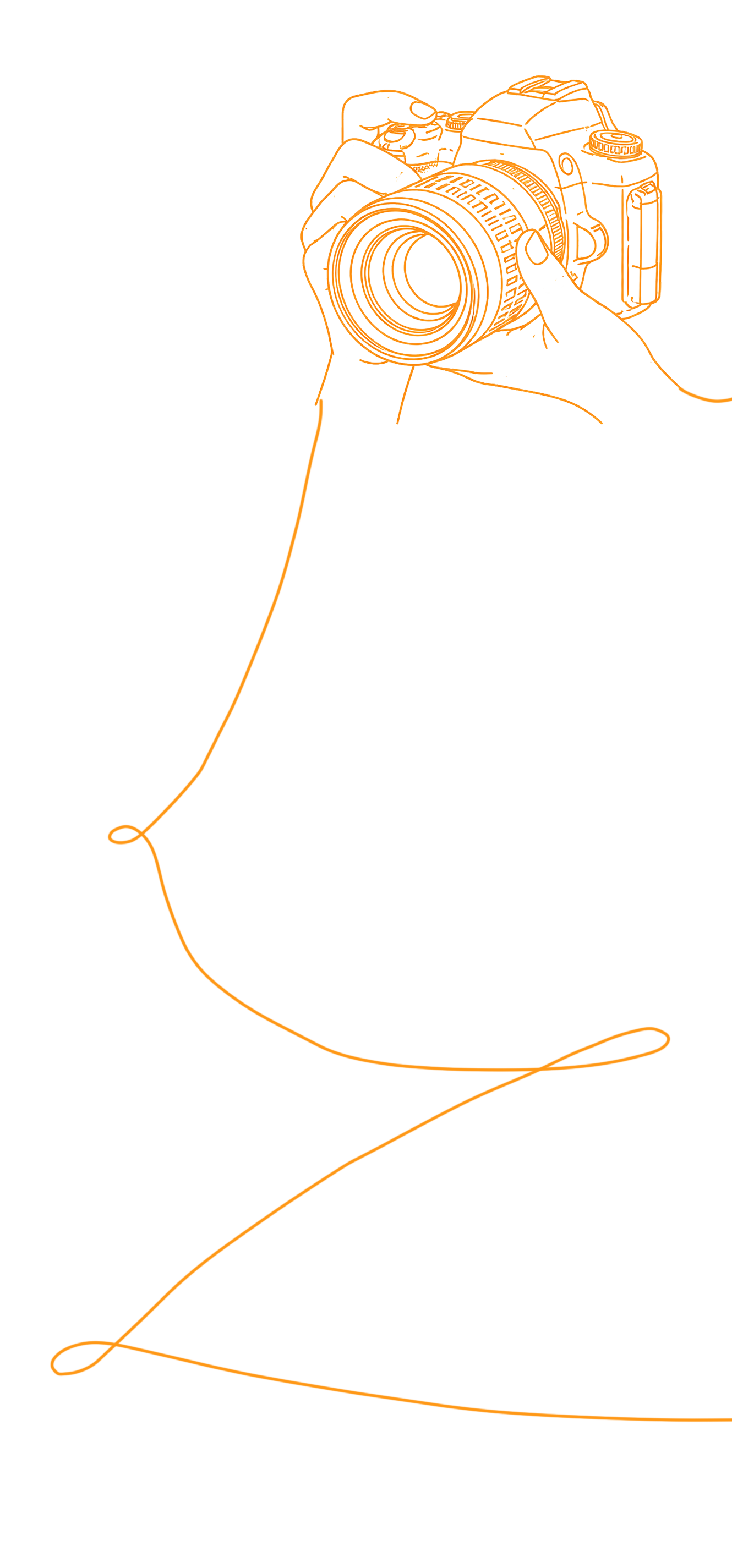 A digital illustration of a hand holding a camera, with a long orange cord extending downward in a spiral pattern.