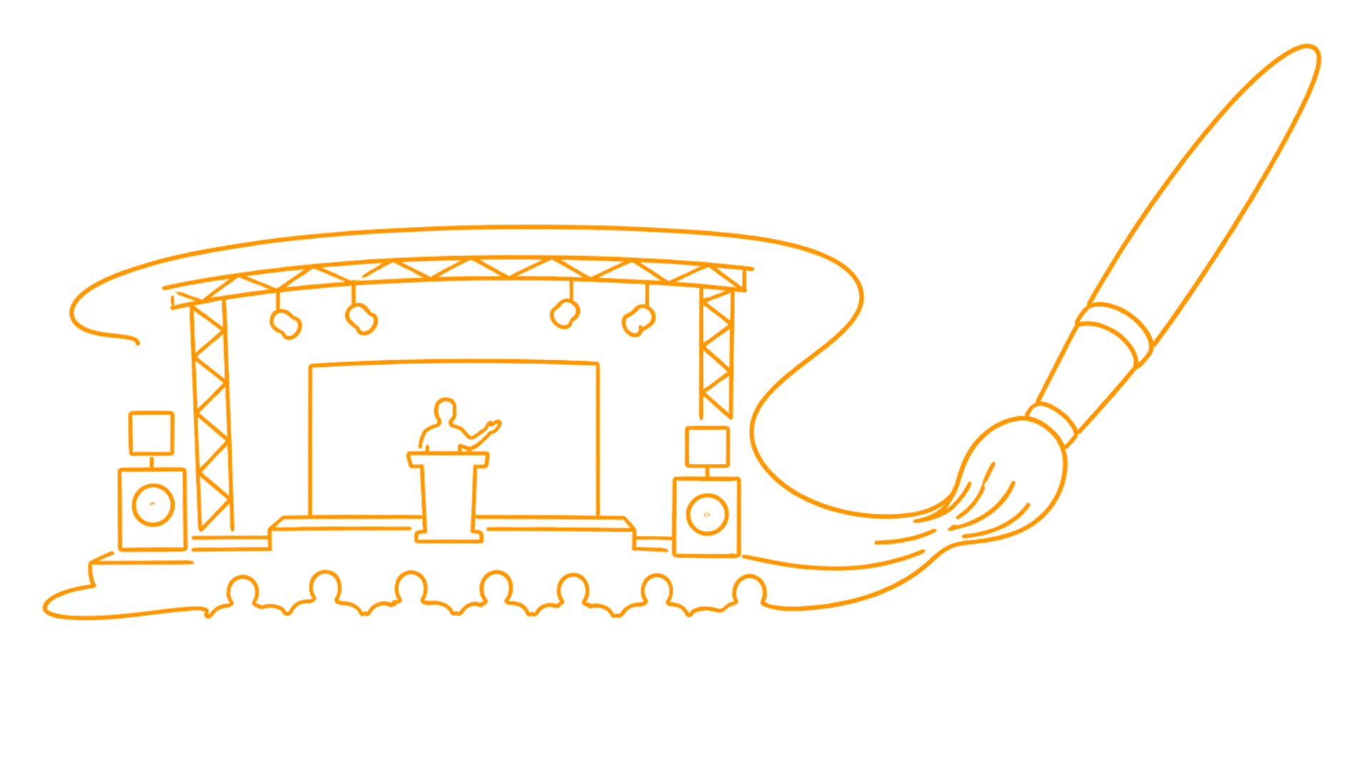 Orange neon outline of a stage with a presenter at a podium, surrounded by speakers, with an audience at the bottom, and a giant pen drawing around it.
