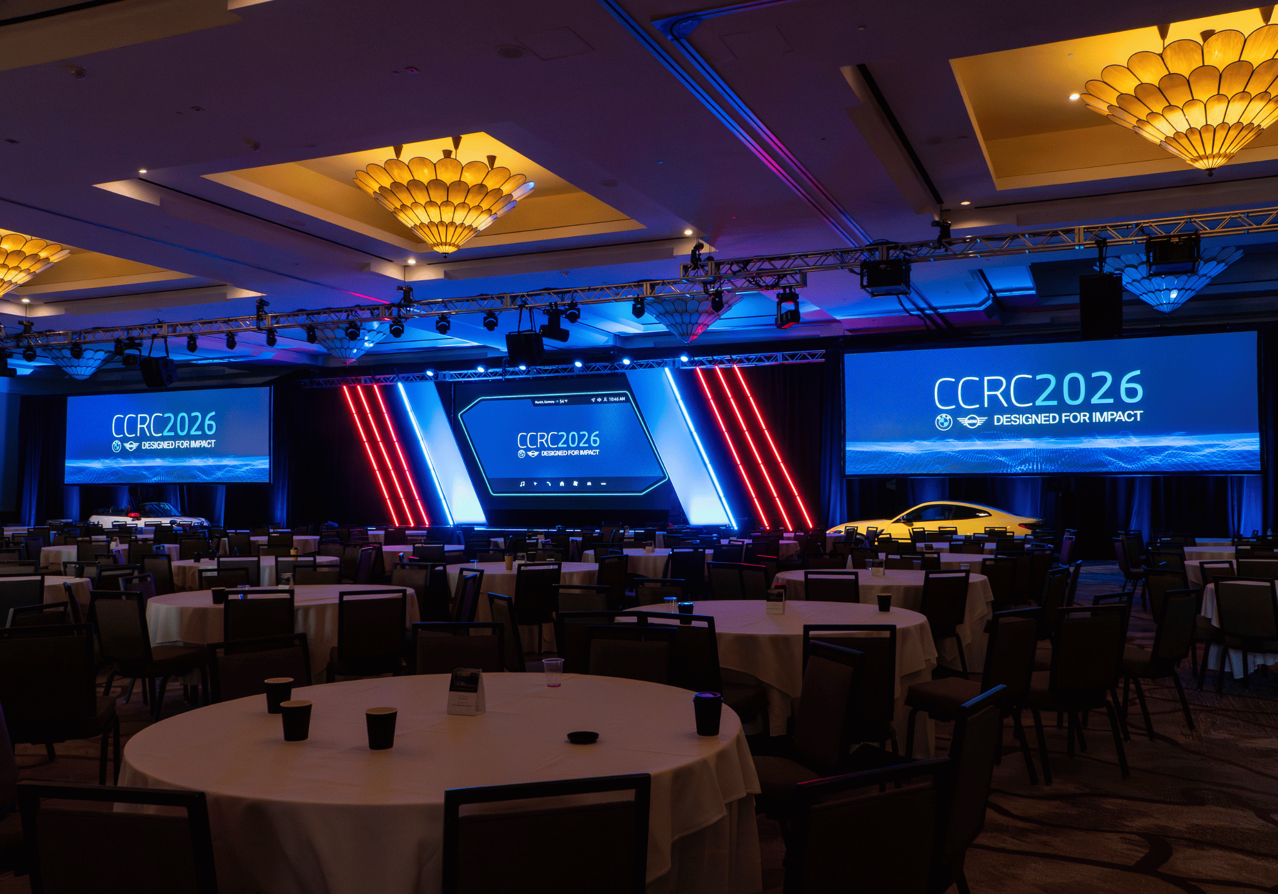 Picture of the main stage at BMW CCRC 2026 that shows a colorful array of lighting