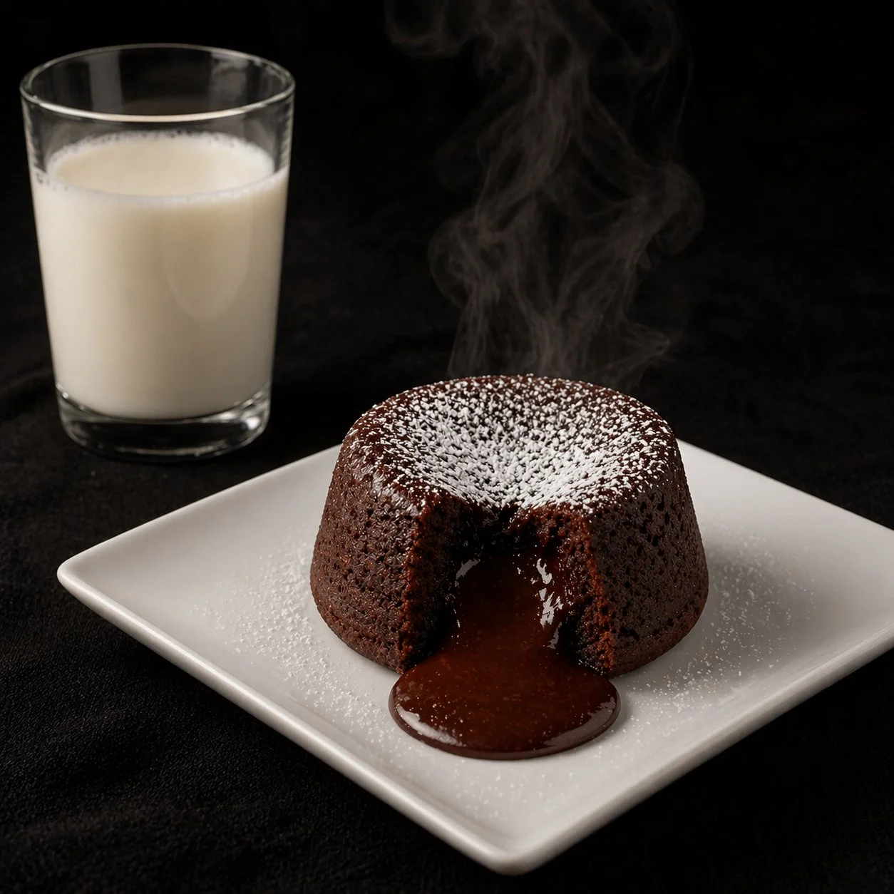 A chocolate lava cake with melted center on a white plate, dusted with powdered sugar, with steam rising, next to a glass of milk on a black surface background.