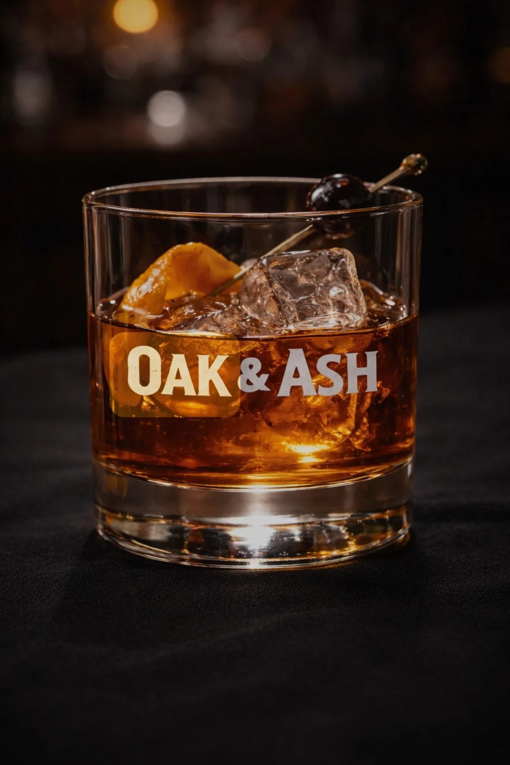A glass of whiskey on the rocks with a cherry and orange peel garnish, with the brand name 'OAK & ASH' on the glass.
