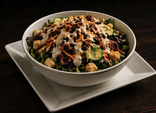 A salad in a white bowl with lettuce, cucumbers, shredded carrots, crispy chicken bits, crumbled bacon, shredded cheese, and a white dressing, on a white square plate on a dark wooden surface.