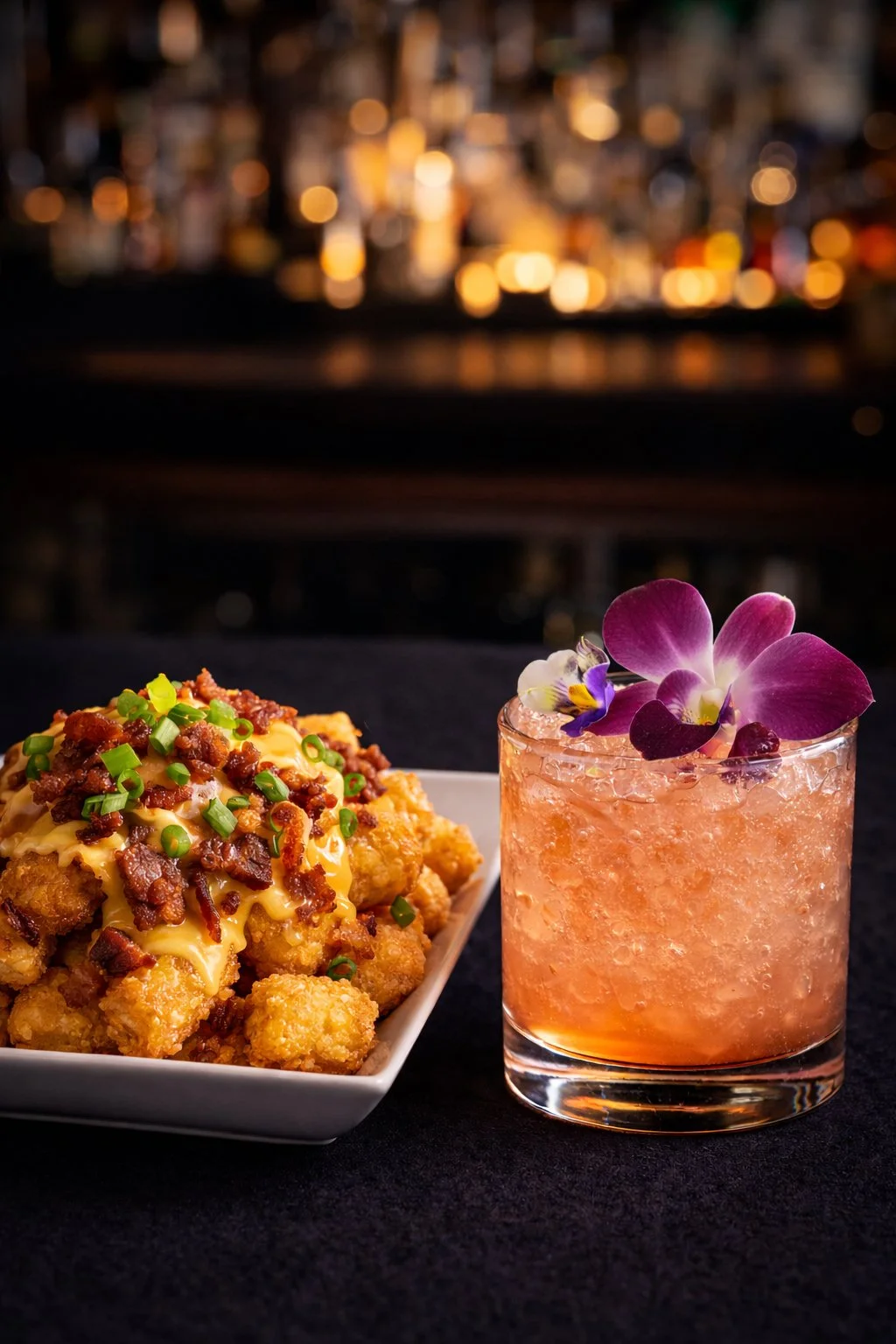 A plate of fried chicken bites topped with cheese, bacon bits, and chopped green onions, next to a pink cocktail garnished with purple flowers and edible violets on ice, against a dark background with blurred city lights.