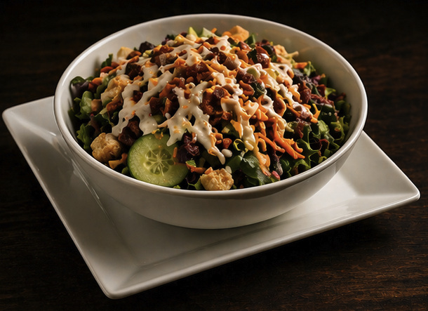Mixed salad in a white bowl, topped with dressing, placed on a white square plate on a wooden table.