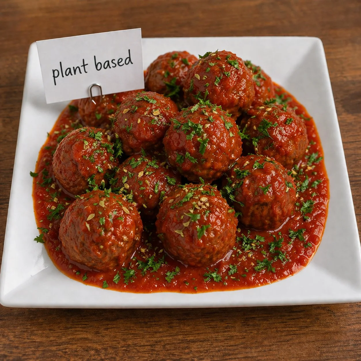 Plate of plant-based meatballs covered in tomato sauce, garnished with chopped herbs, on a white square plate.