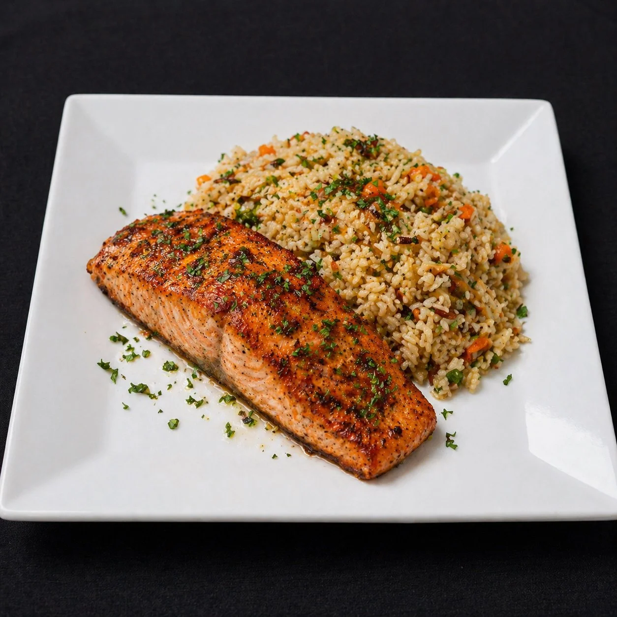 Grilled salmon with seasoned rice and chopped herbs on a white square plate.