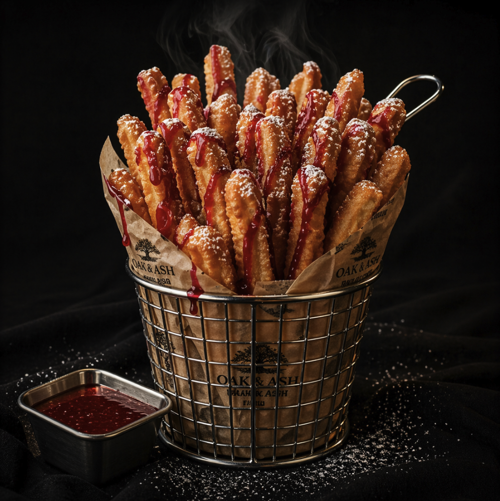 A metal basket filled with crispy French fries topped with ketchup and powdered sugar, with a small container of ketchup nearby on a black surface.
