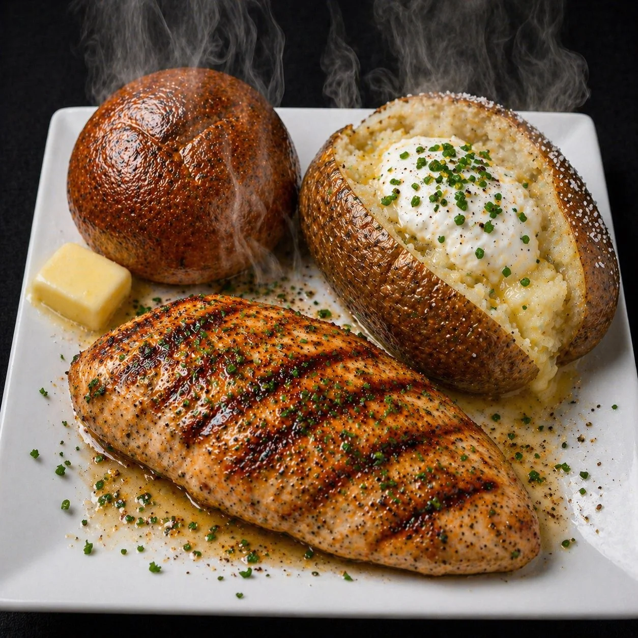 Baked stuffed potato with steamed broccoli and grilled chicken breast on a white plate.