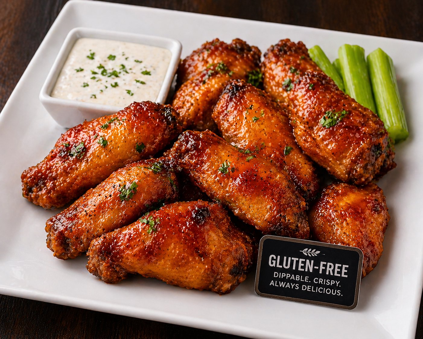 Plate of buffalo chicken wings with a side of celery sticks, a small dish of ranch dressing, and a sign indicating the wings are gluten-free.