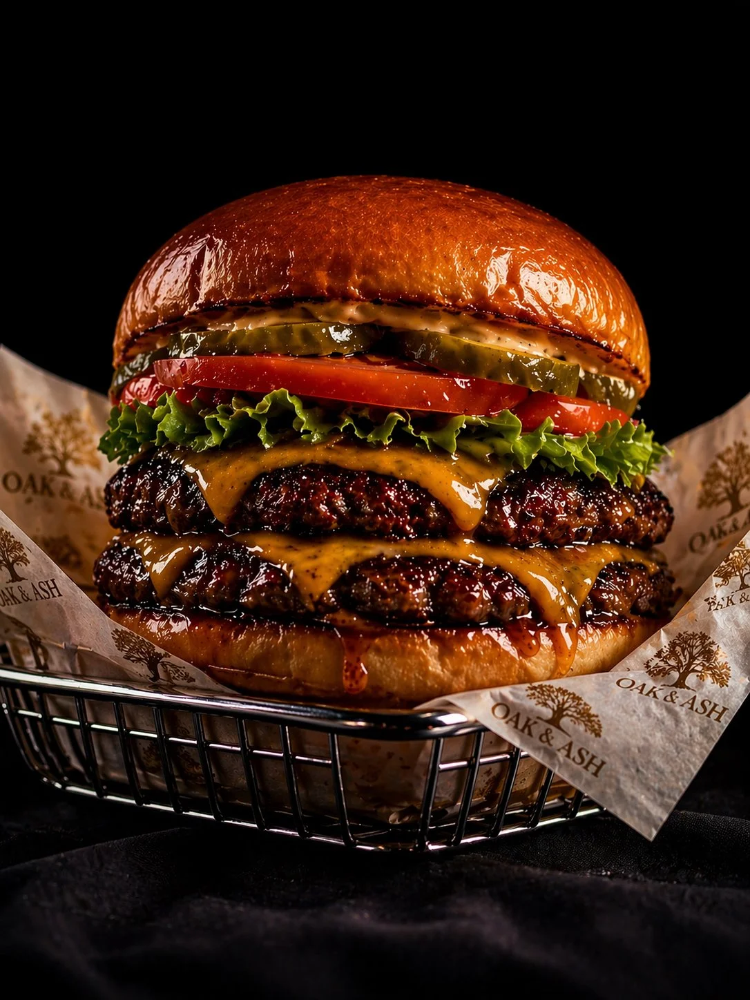Close-up of a large cheeseburger with lettuce, tomato, pickles, two beef patties, melted cheese, and a toasted bun on a wire basket with branded paper liner.