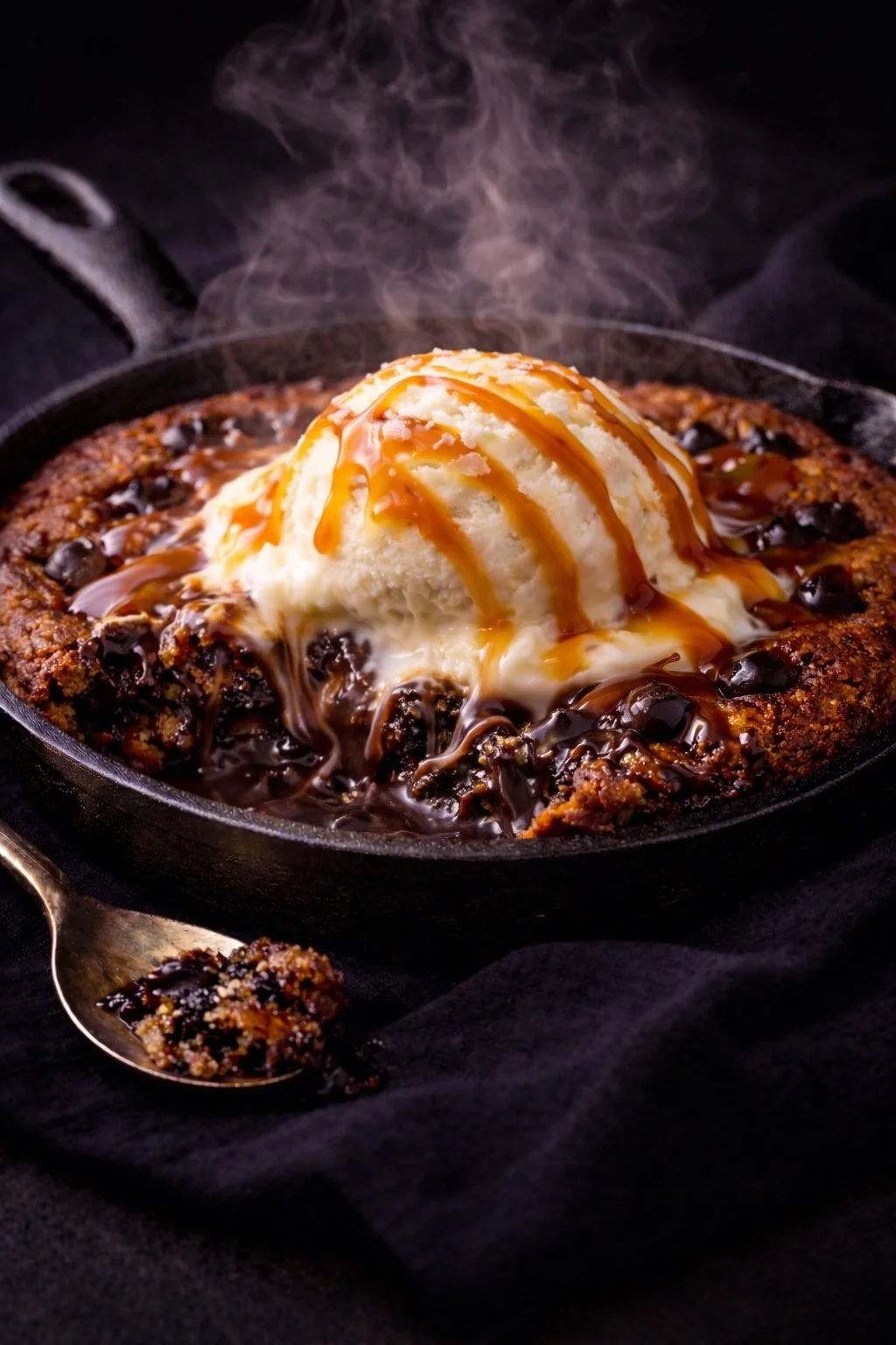 A skillet with melting chocolate chip cookie topped with vanilla ice cream, caramel, and chocolate sauce, with a spoon beside it.