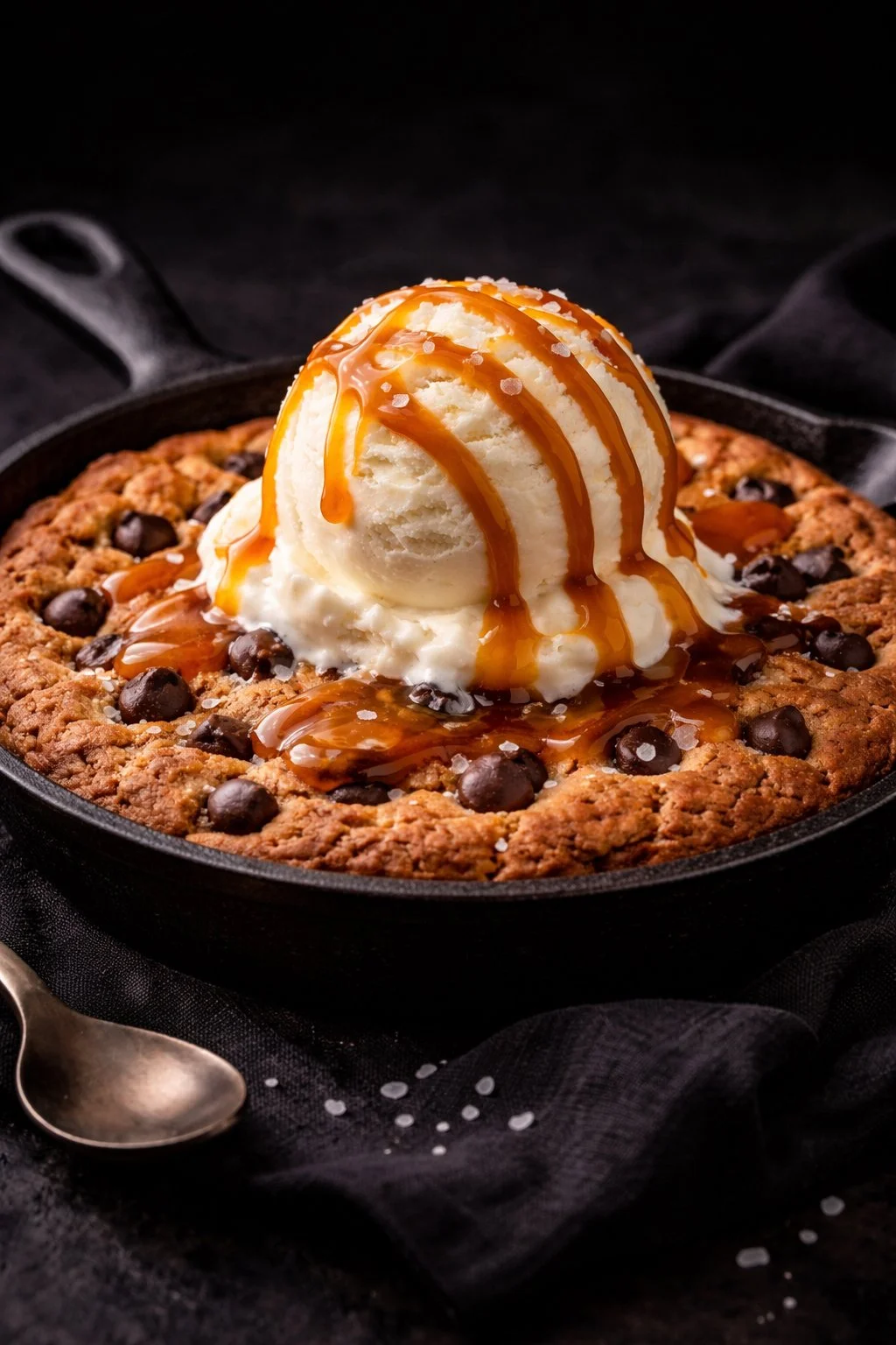 Chocolate chip cookie skillet topped with a scoop of vanilla ice cream, caramel sauce, and a sprinkle of sea salt, on a black cloth background.