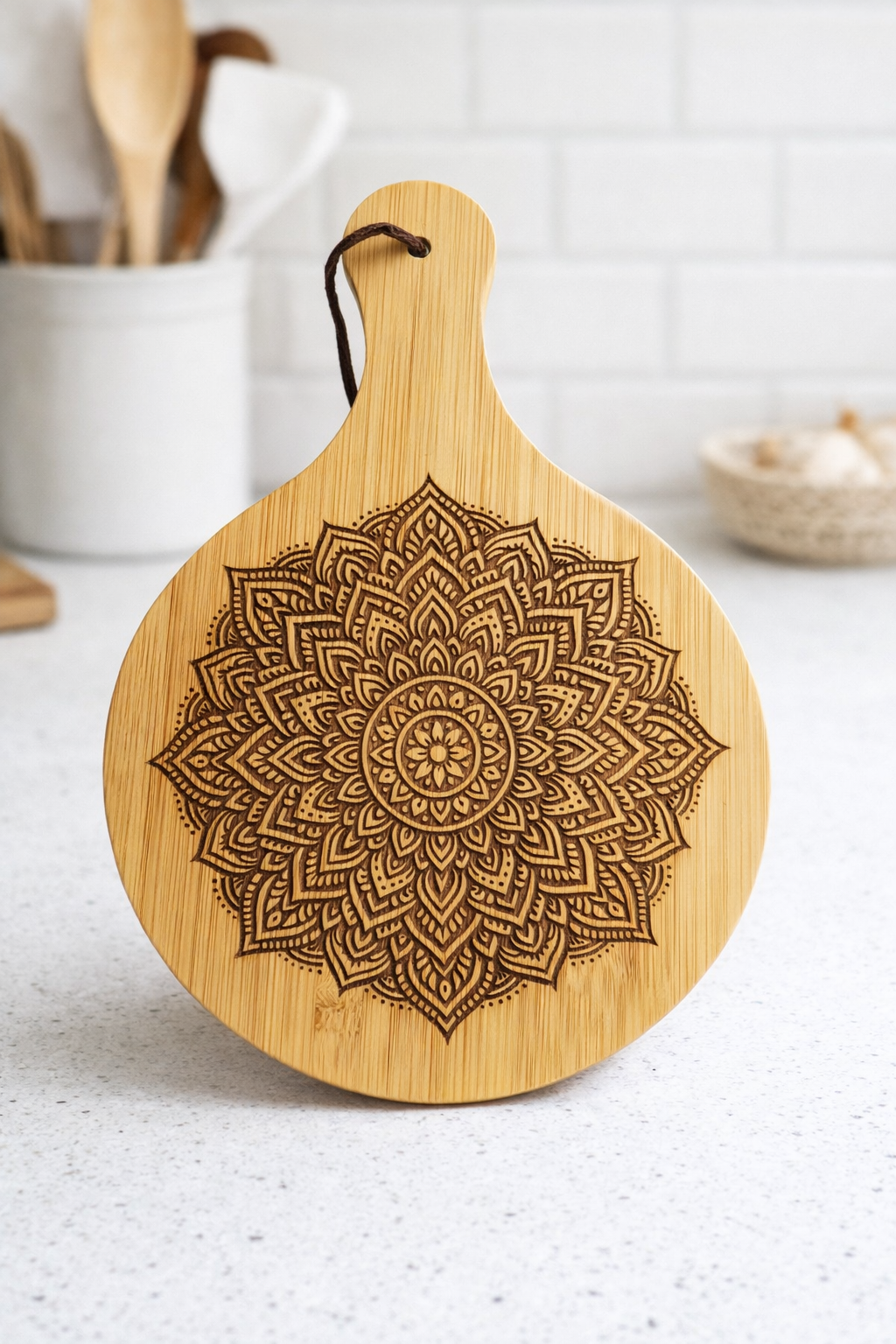 A wooden cutting board with a black mandala design etched on its surface, placed on a white countertop with kitchen utensils in the background.