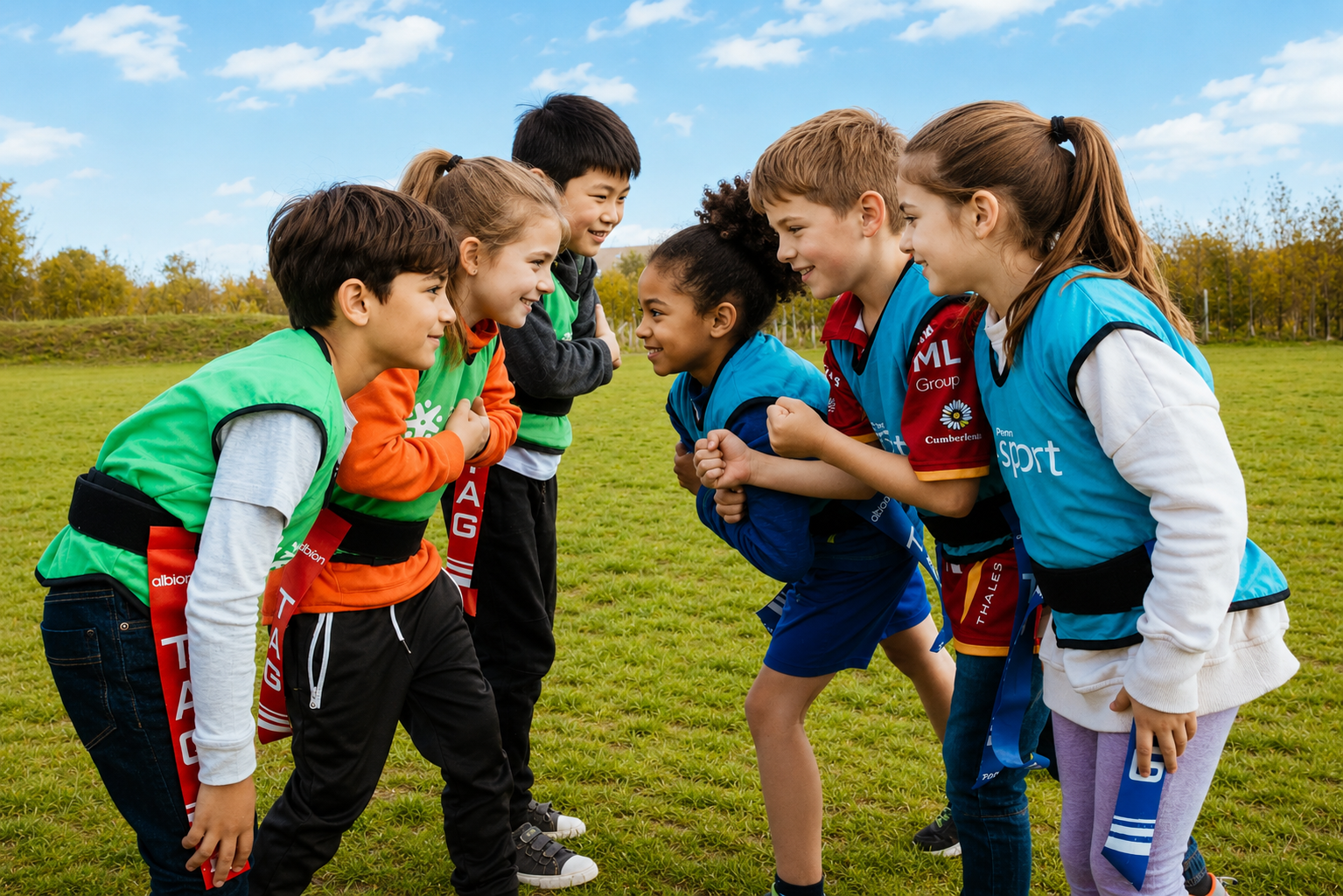 Group of children engaged in a playful arm wrestling game outdoors on a grassy field, smiling and having fun.