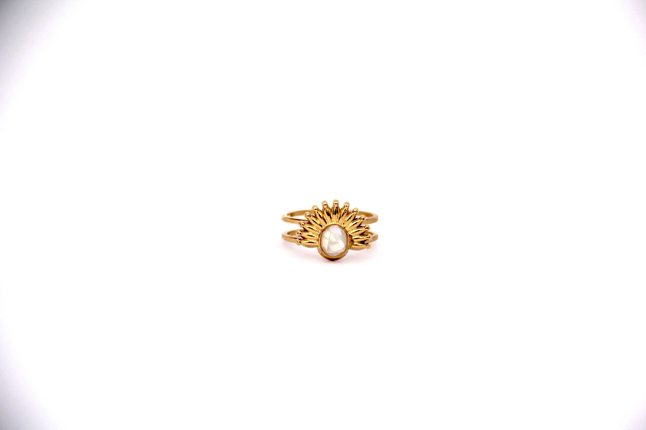The front of an abalone shell ring on a white background.