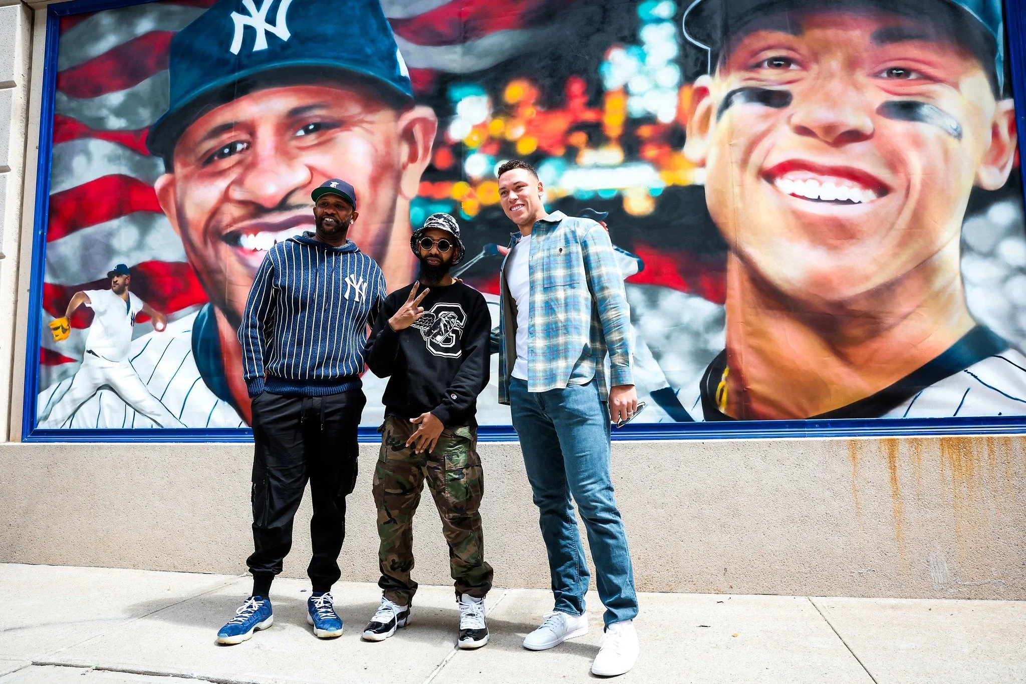 CC Sabathia, Artist Andre Trenier, Aaron Judge in Front of Mural