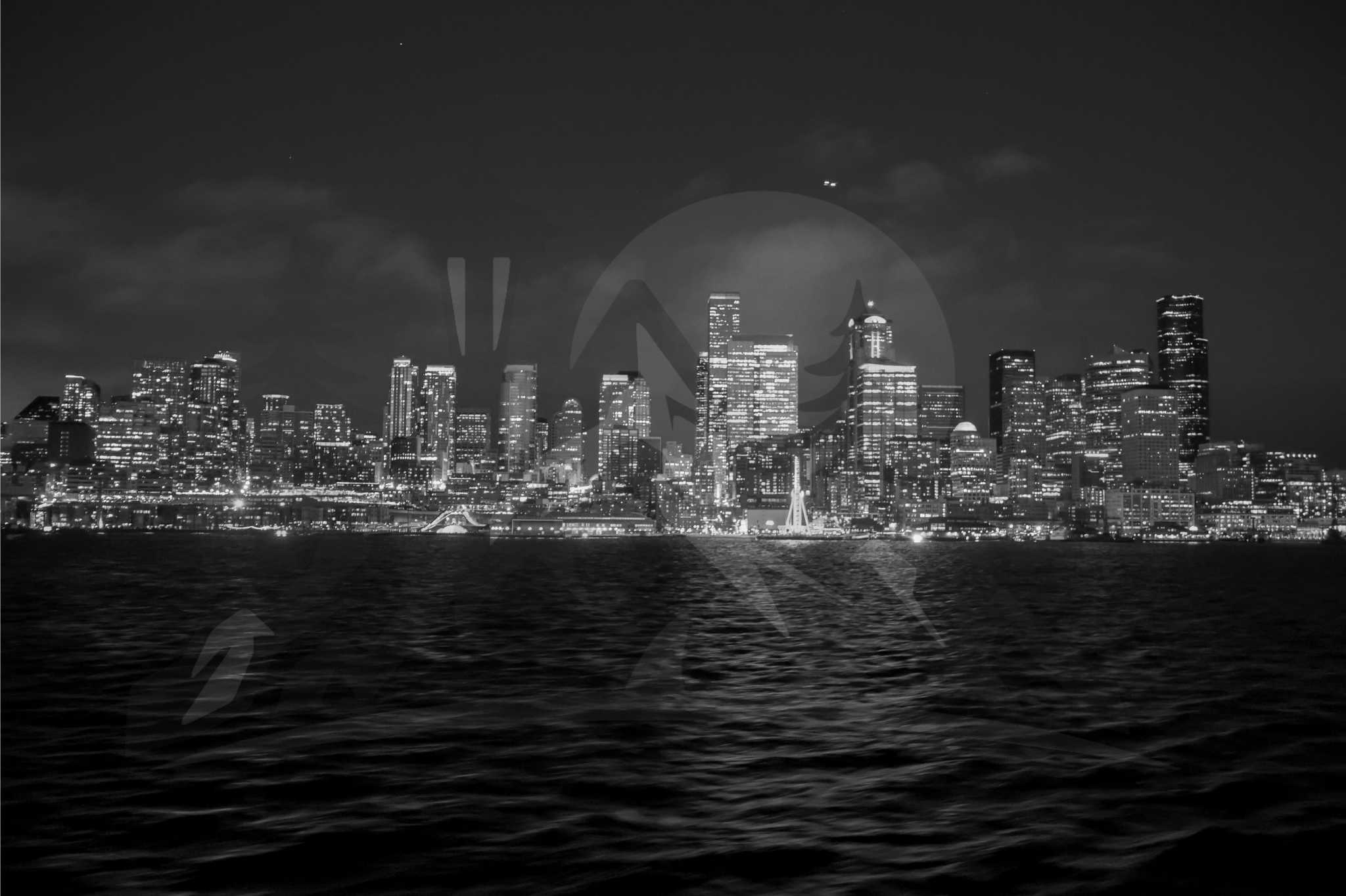 Seattle Waterfront Skyline BW, Elliott Bay WA