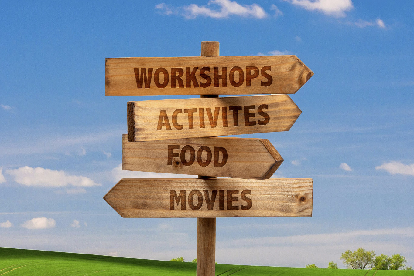 Wooden signpost with four directional arrows labeled Workshop, Activites, Food, and Movies, set against a blue sky with white clouds and green grass.