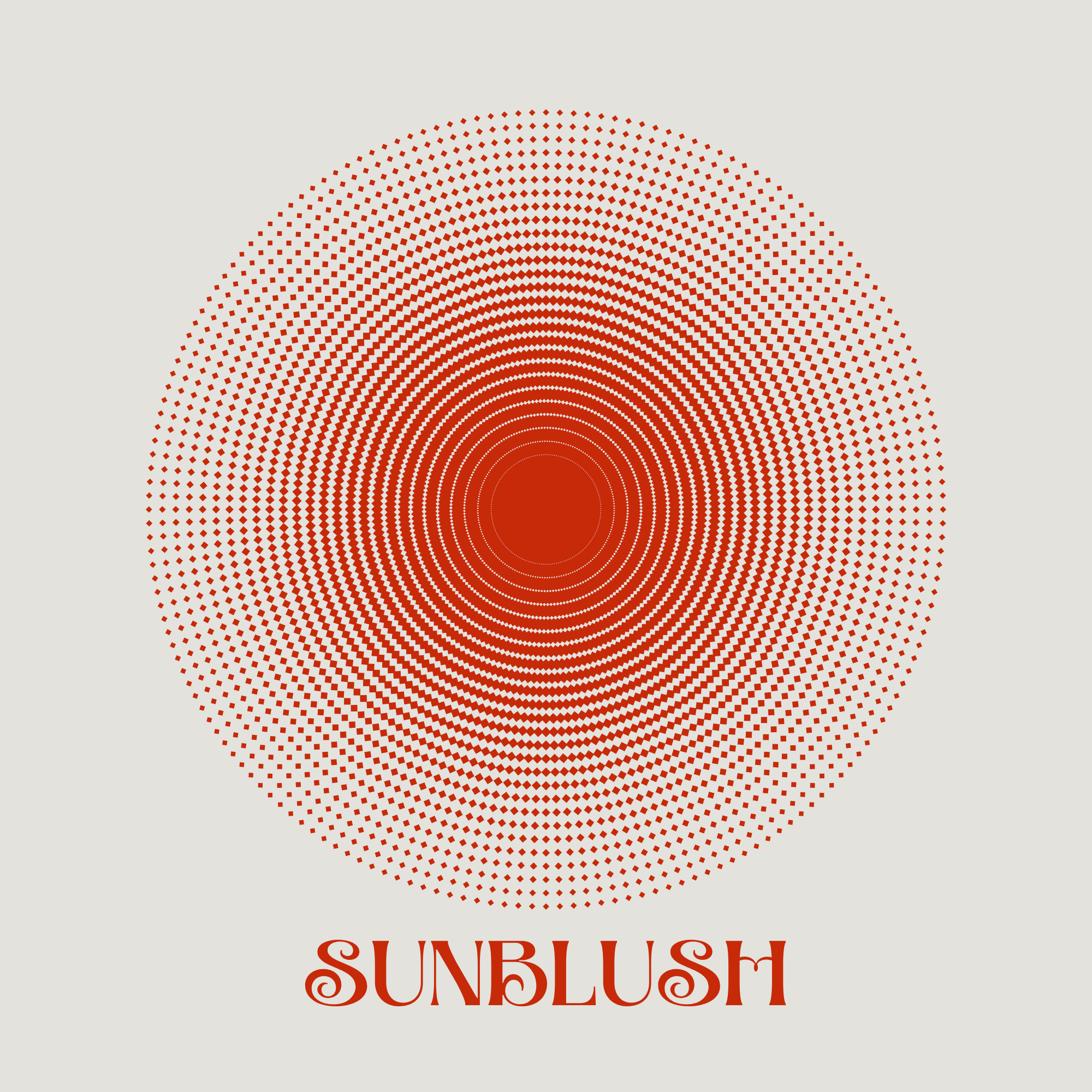 Sunburst design composed of red dots on a light background, with the words 'SUNBURST' written underneath.
