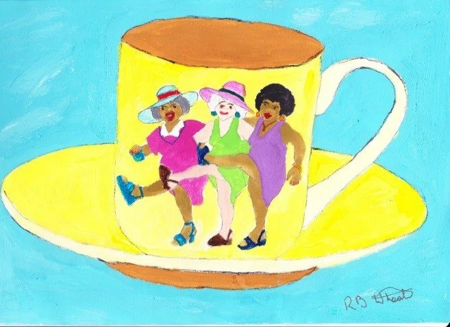 A painting of a tea cup and saucers that has three older ladies can can dancing in summer dresses.