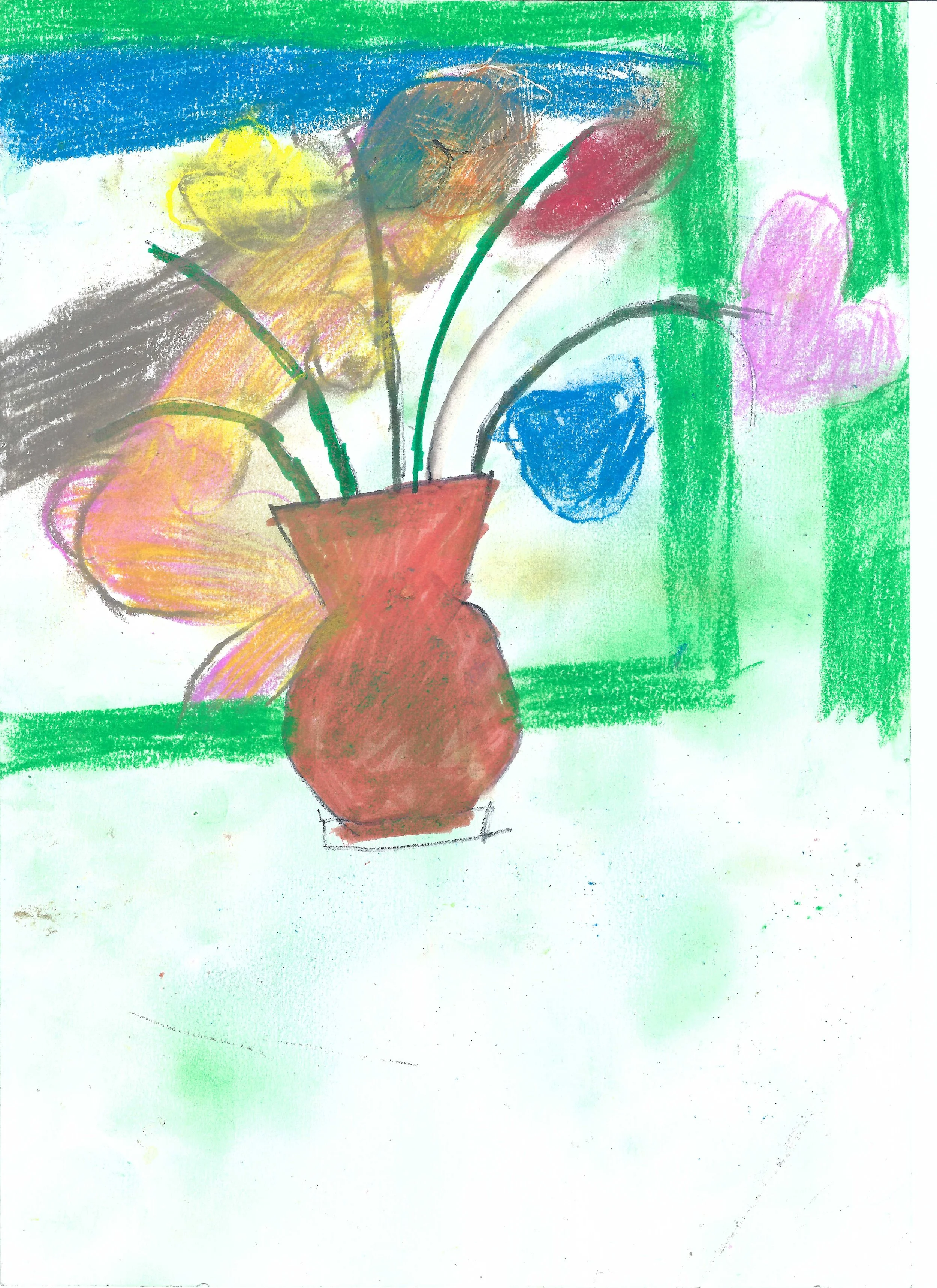 Pastel drawing of a vase of flowers