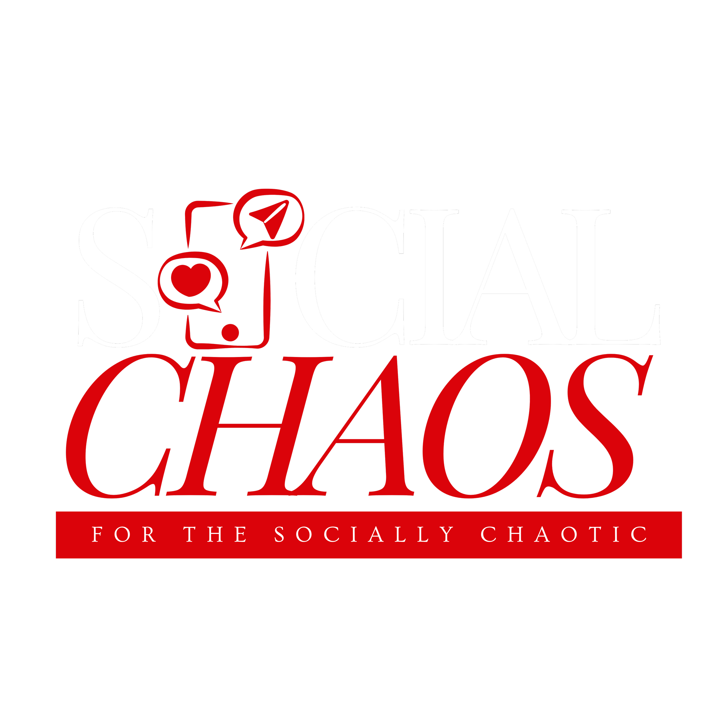 The cover of a book titled 'Social Chaos' with a subtitle 'For the Socially Chaotic'. The design uses a black background, with white and red text, including speech bubbles with a red heart and a red scribble.