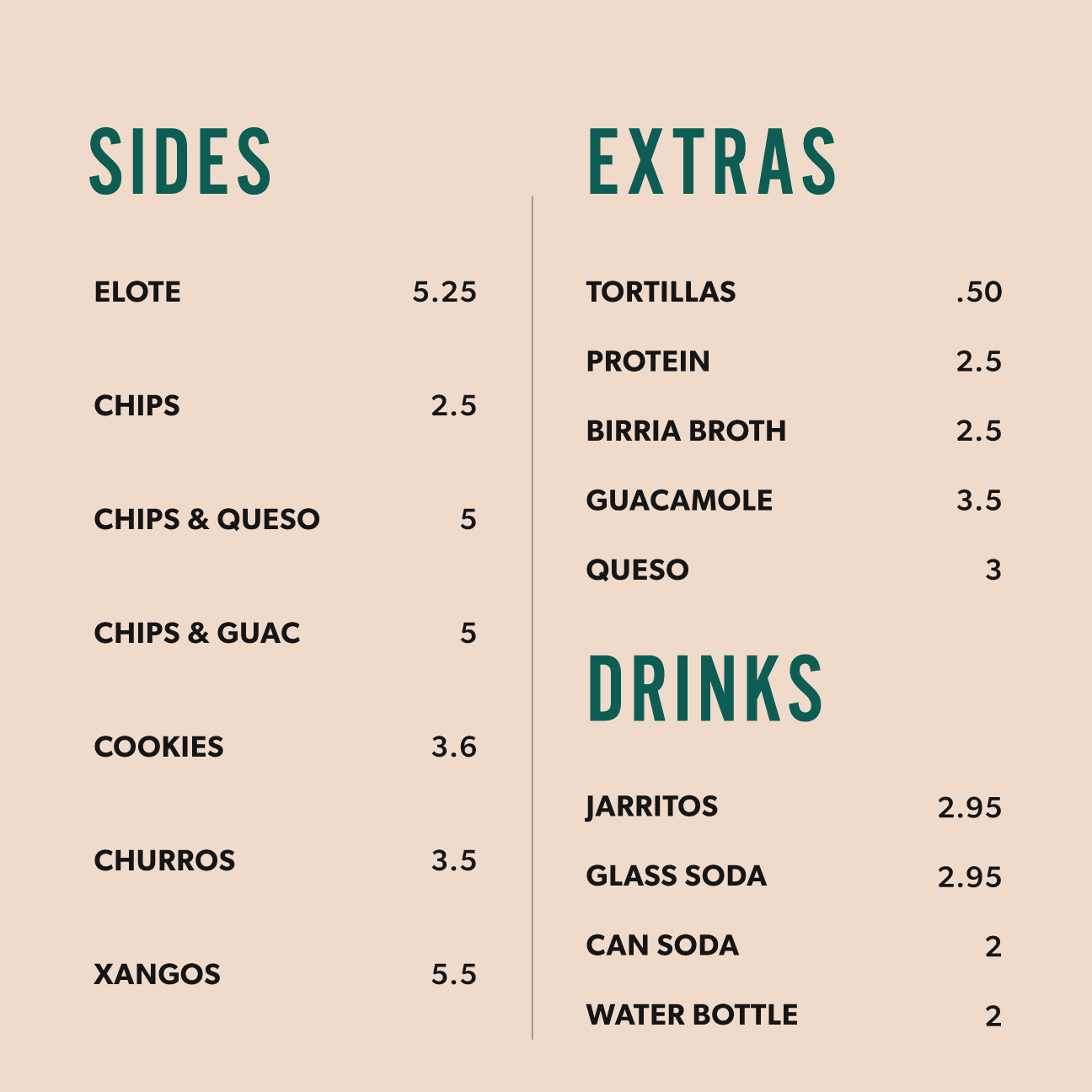 Menu featuring sections for sides, extras, and drinks with items and prices listed.