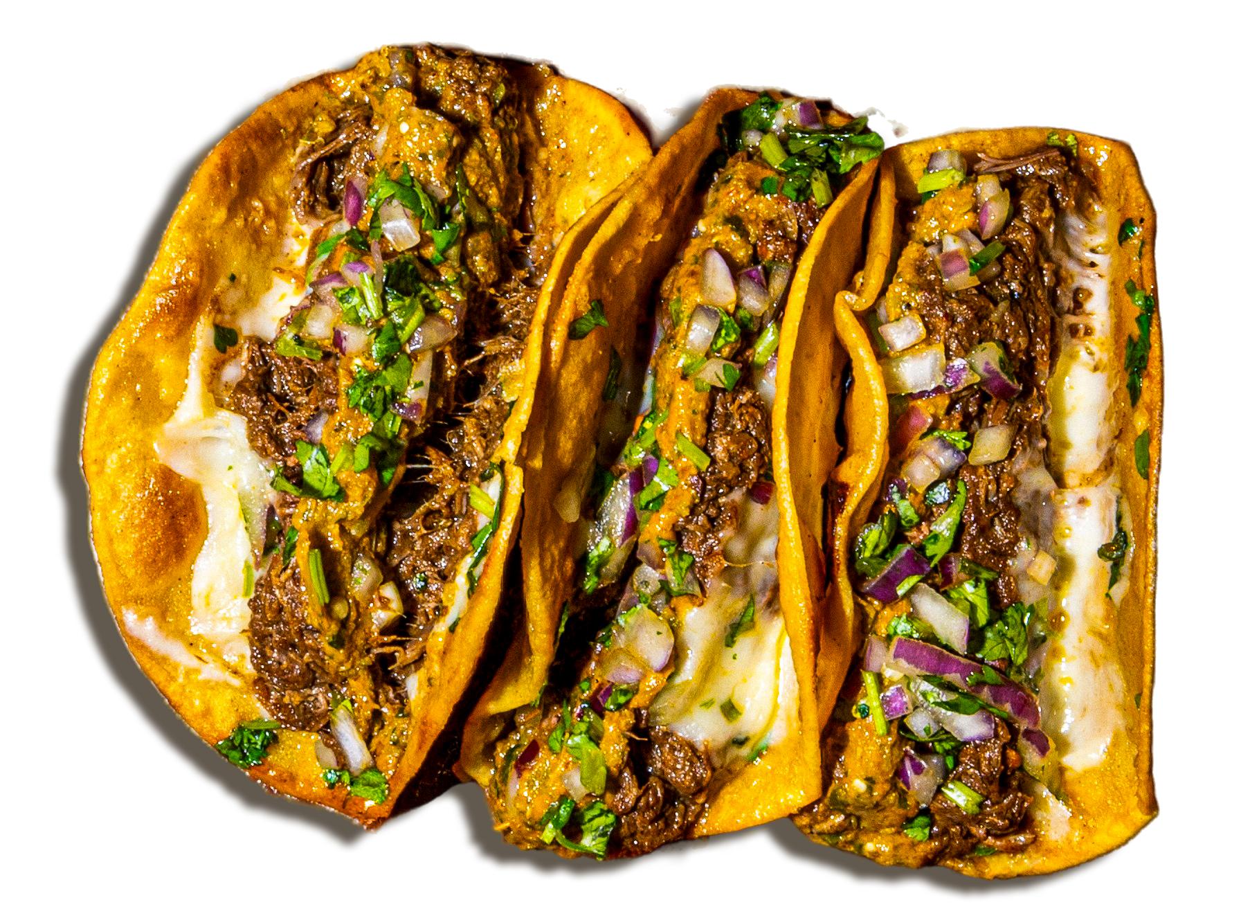 Three beef tacos filled with shredded beef, chopped onions, cilantro, and melted cheese in corn tortillas.