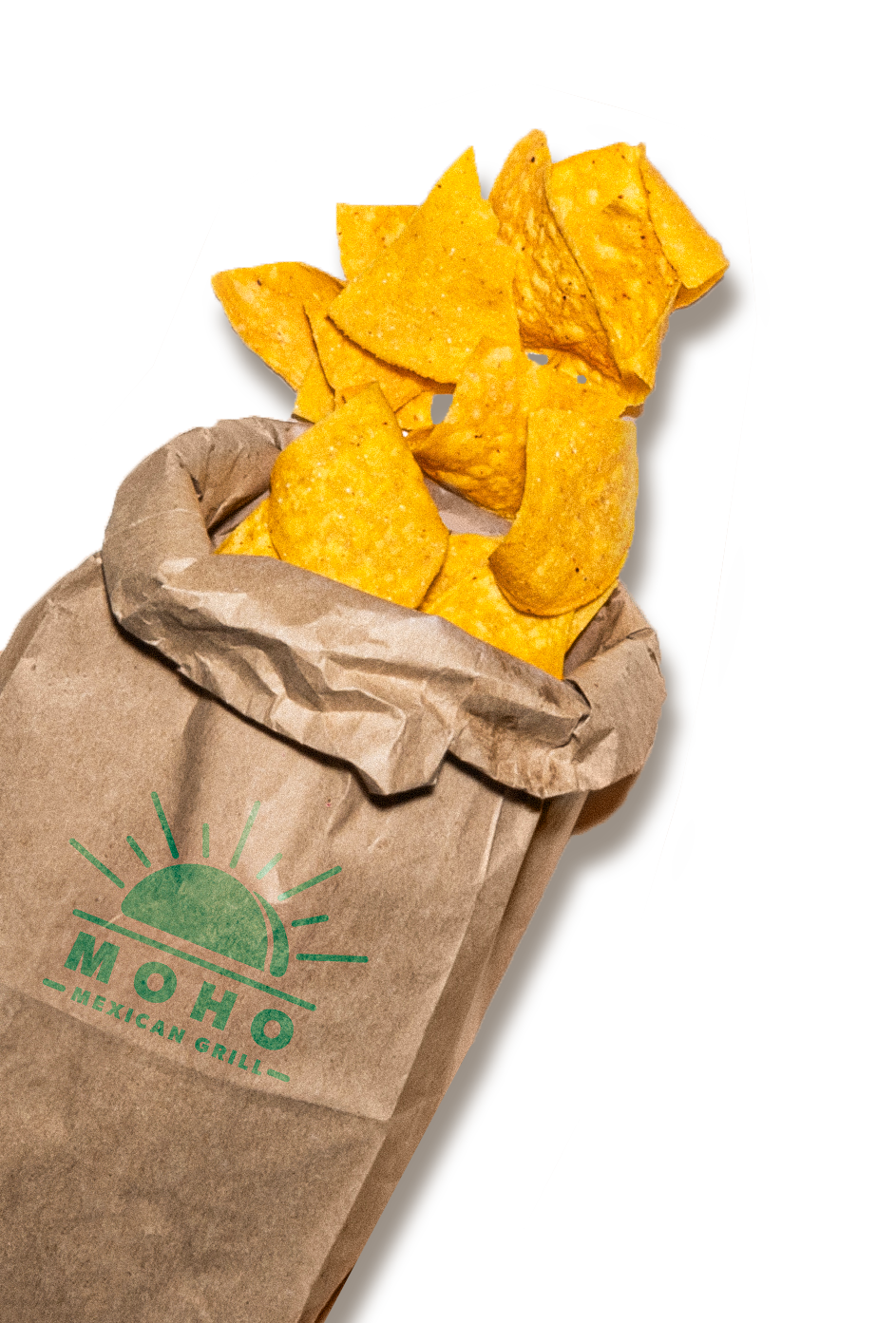 Paper bag with green MOHO Mexican Grill logo contains yellow fried tortilla chips.