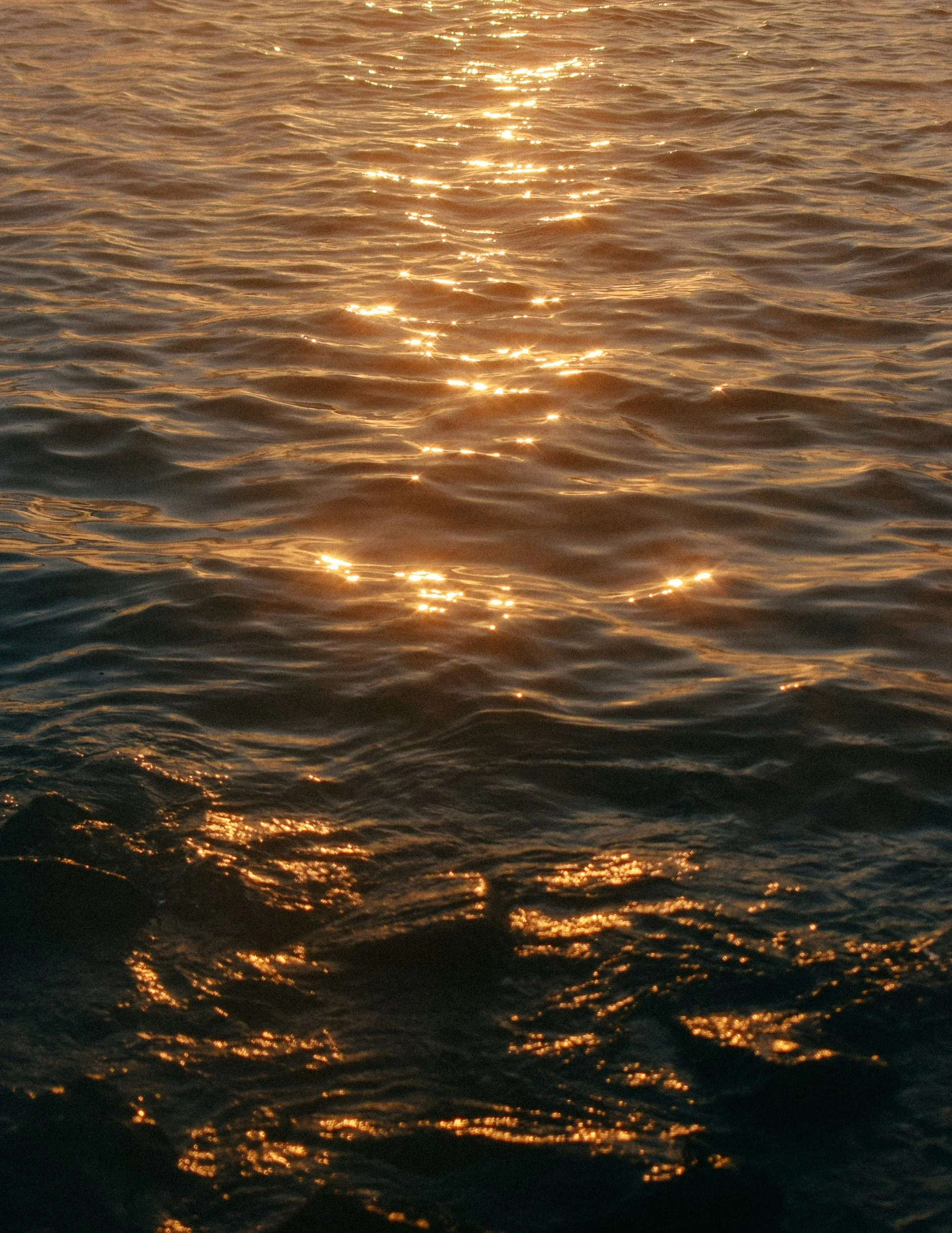 Golden sunlight reflecting on gentle ripples of water during sunset.