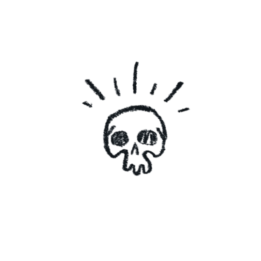 A black skull sketch with radiating light lines above it.