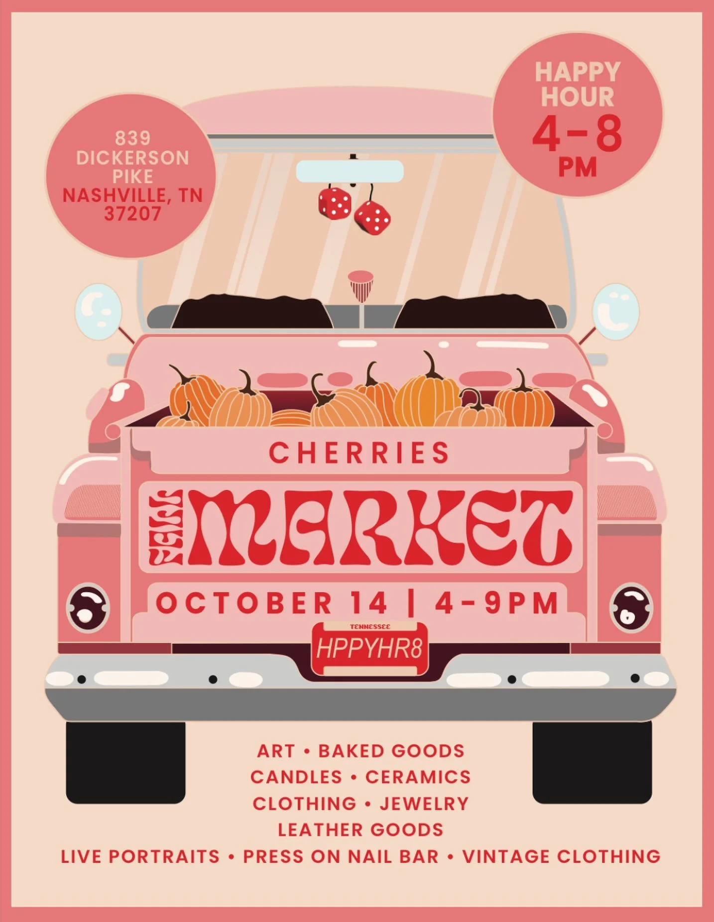 🍒 CHERRIES FALL MARKET 🍒

We&rsquo;re back at @cherriesnash on October 14th from 4&ndash;9 PM for another fun-filled market featuring a lineup of amazing local artists &amp; vendors! Come sip, shop, and hang with us✨

Happy Hour from 4&ndash;8 PM ?