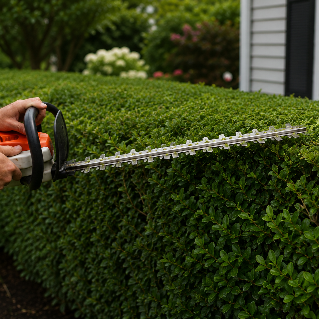 Person trimming a green hedge with electric hedge trimmers outdoors near a house with white siding.