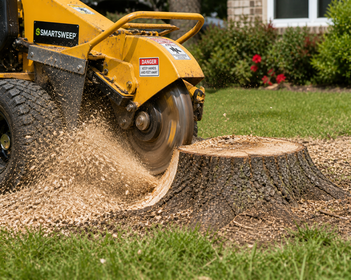 A yellow stump grinder cutting into a large tree stump, with wood chips flying and a caution sign that says to keep hands and feet away.