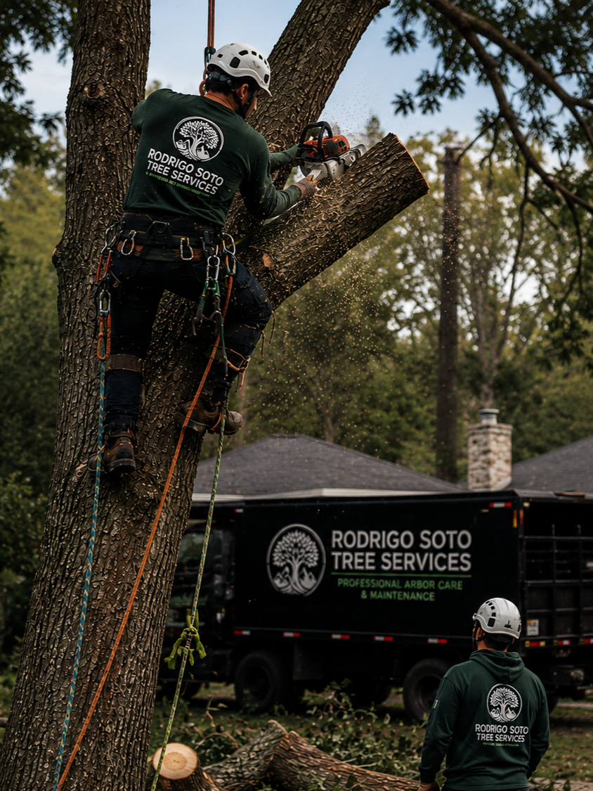 A tree service worker uses a chainsaw to cut a large branch from a tall tree, with another worker observing, both wearing helmets and harnesses, in front of a tree service truck.