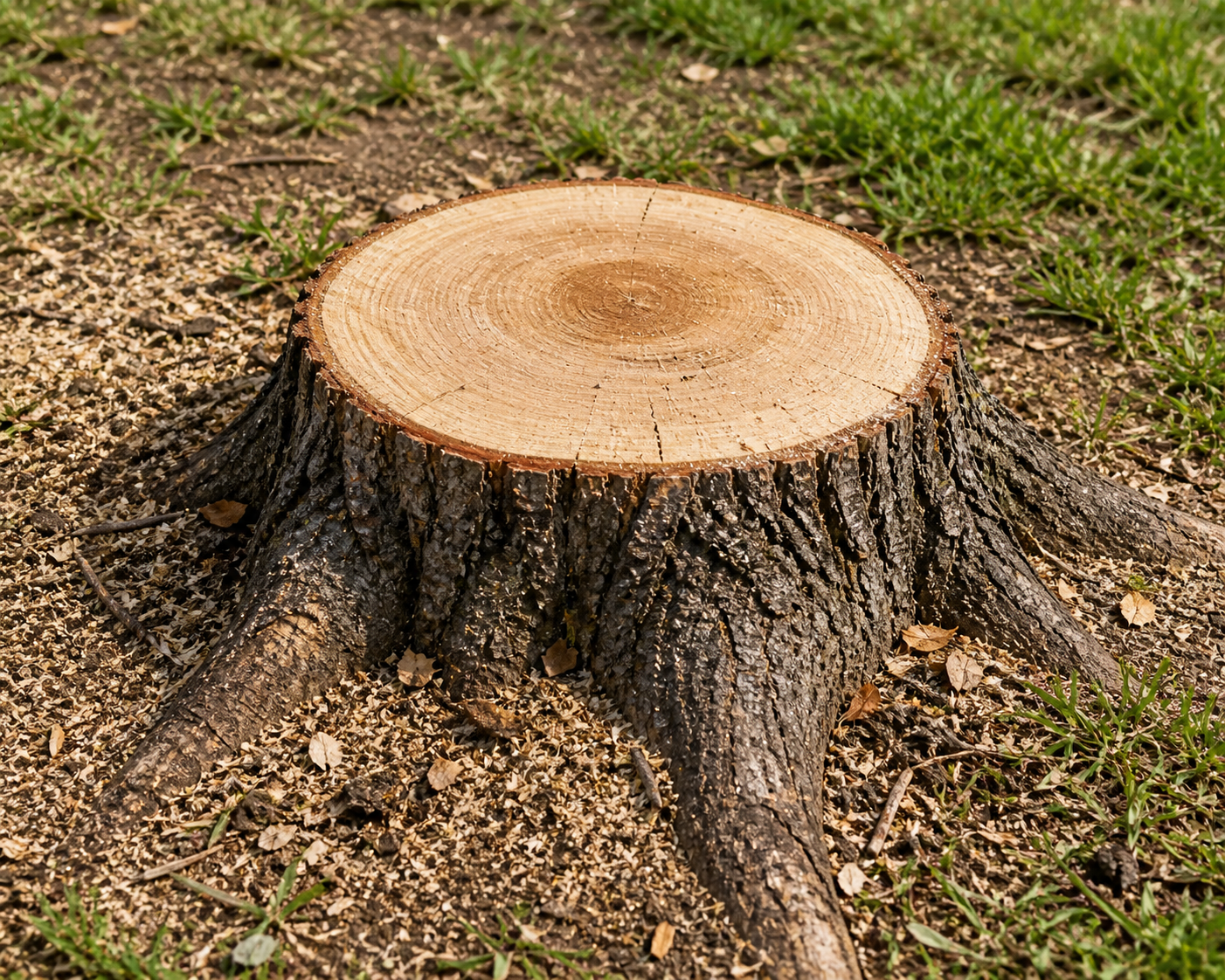 A freshly cut tree stump on the ground surrounded by small green plants and dry soil.