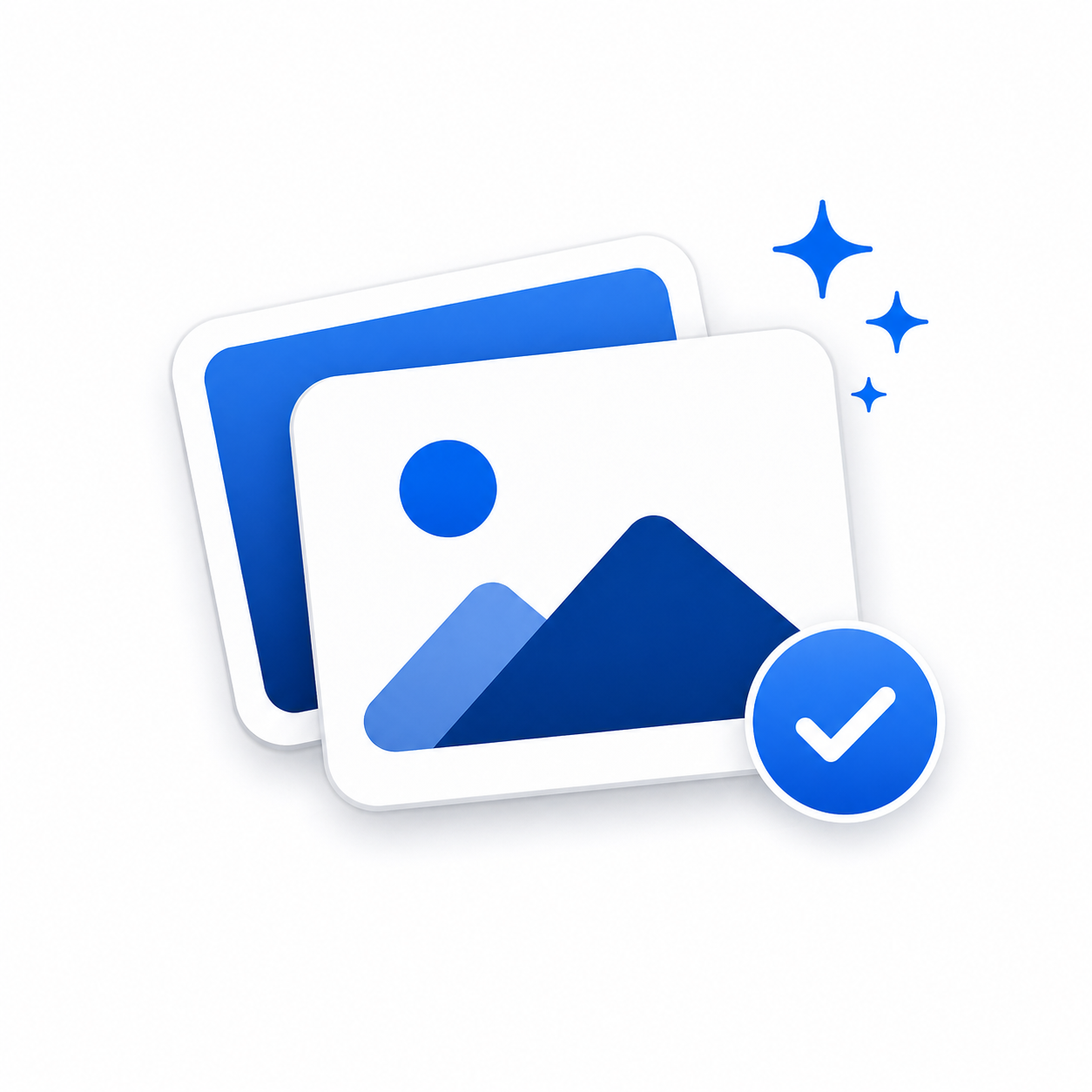 Graphic of photos with a checkmark and sparkles.